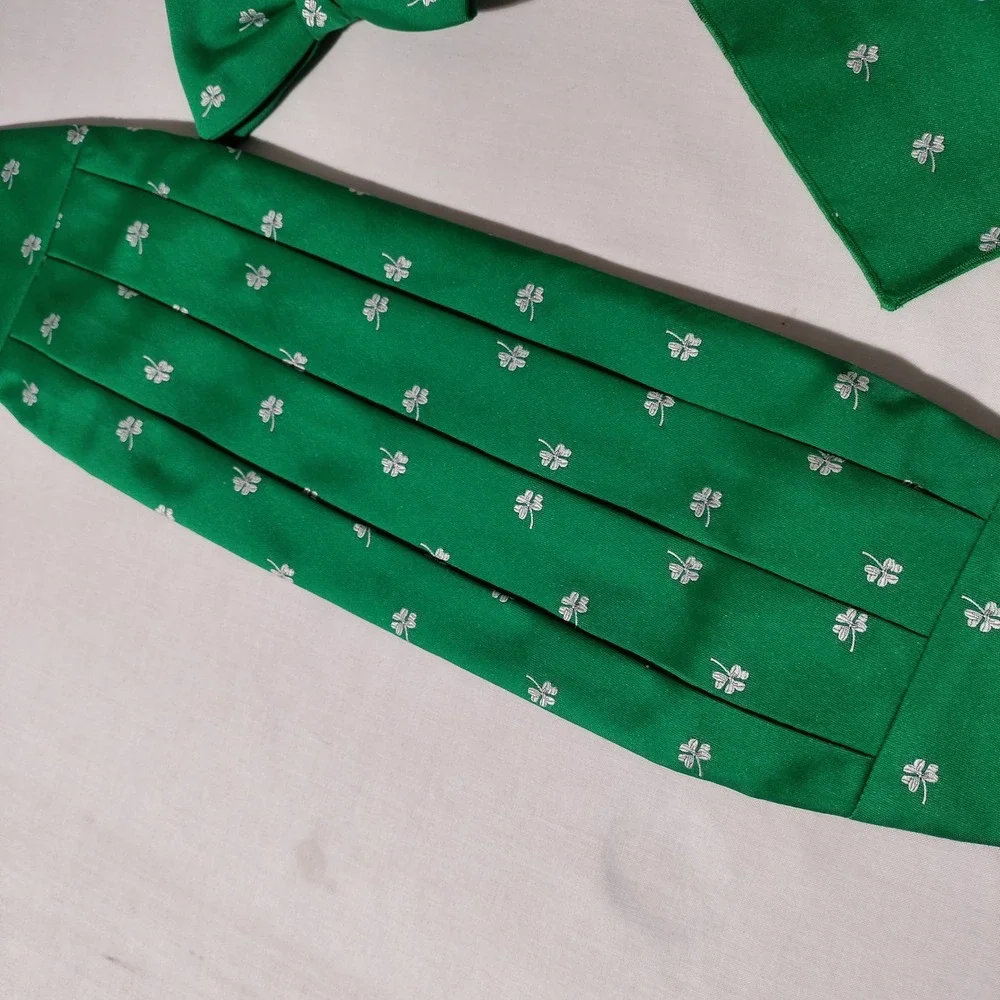 Lord West Mens Green Shamrock Cummerbund Bow Tie Pocket Square Set Made in USA